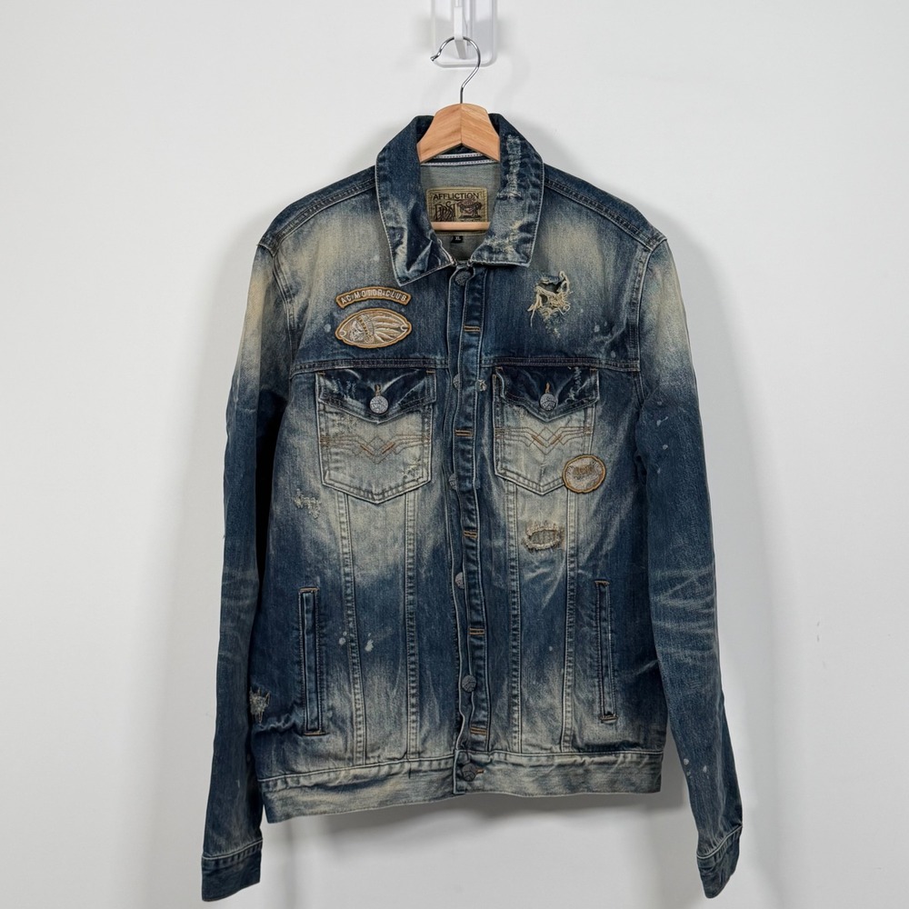 Affliction DPSR Denim Jacket Men XL Blue Acid Wash Distressed Moto Patches Biker